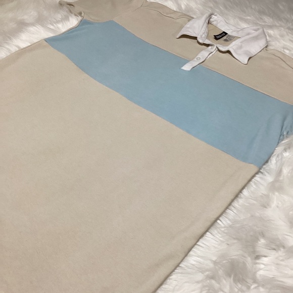 H&M Divided Skyblue Cream Retro Cotton Polo Shirt Collared Short Sleeves Top - Picture 3 of 4